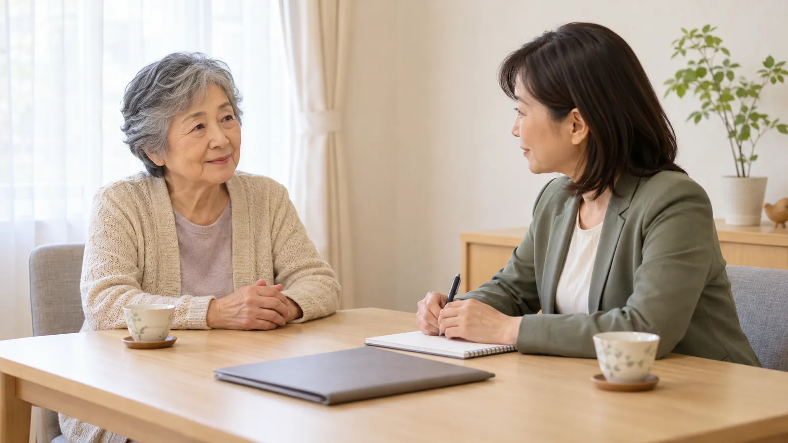 今後の暮らしと終活の支援について相談員と話し合う高齢女性