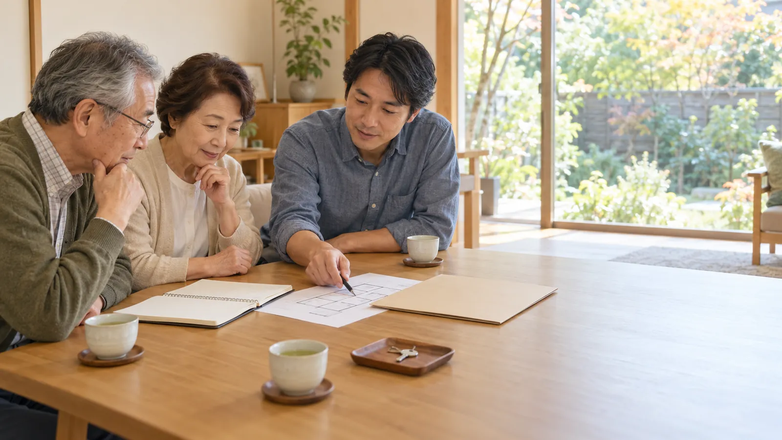 自宅の将来についてノートを囲んで話し合う高齢の夫婦と成人した息子