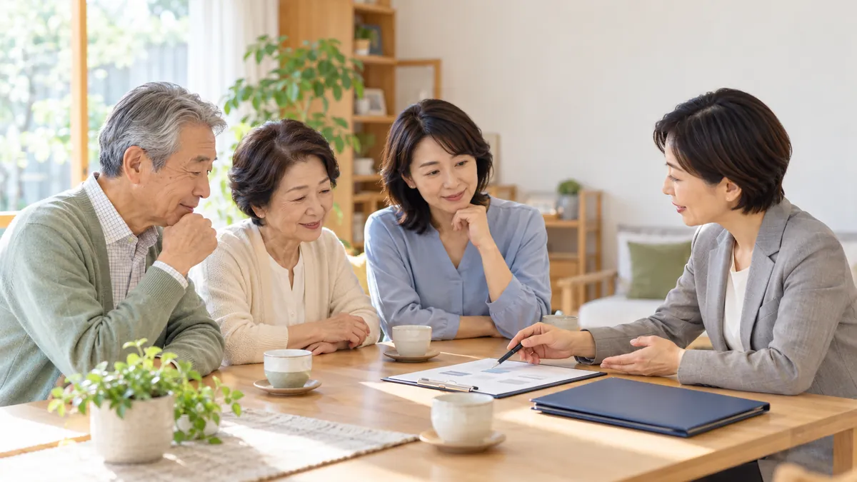 自宅での療養について専門職と話し合う高齢夫婦と家族