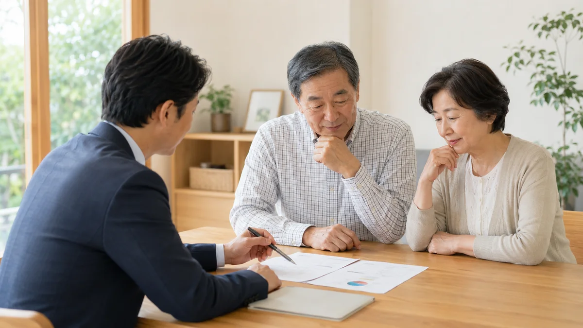 遺贈寄付について財産一覧を見ながら専門家に相談するシニア夫婦