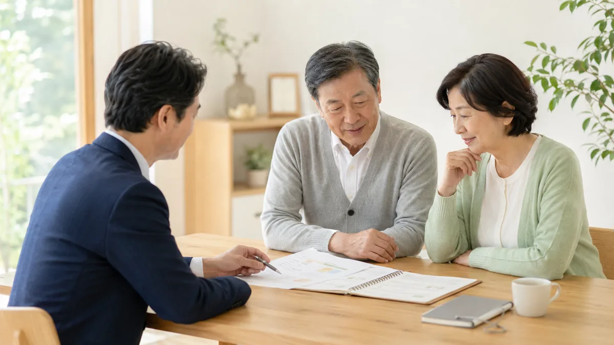 遺贈寄付について財産一覧を見ながら専門家に相談するシニア夫婦