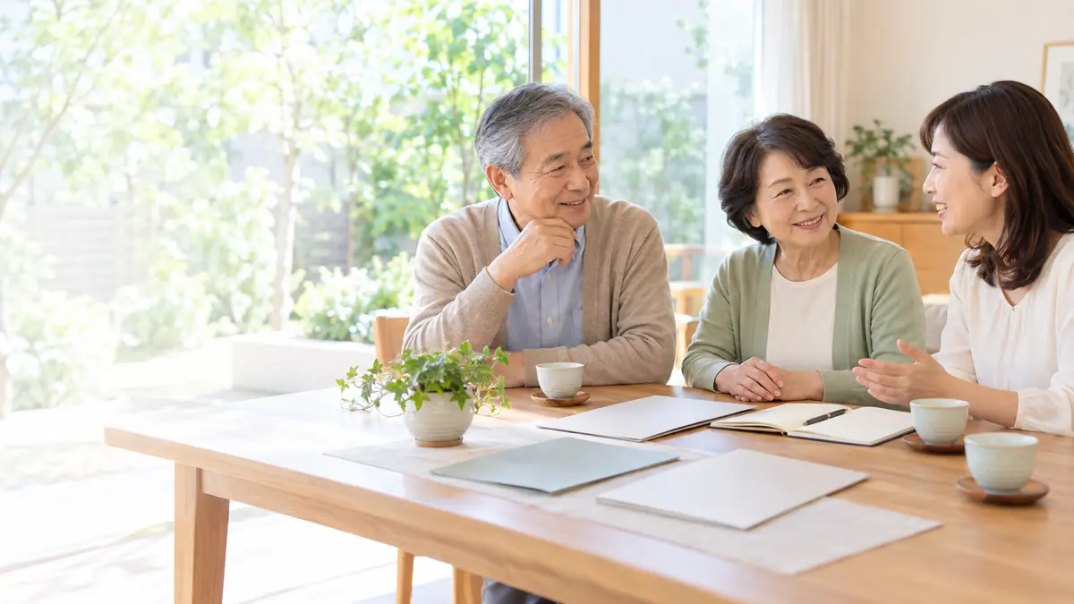 明るいリビングで生前のお墓について穏やかに話し合う日本人家族