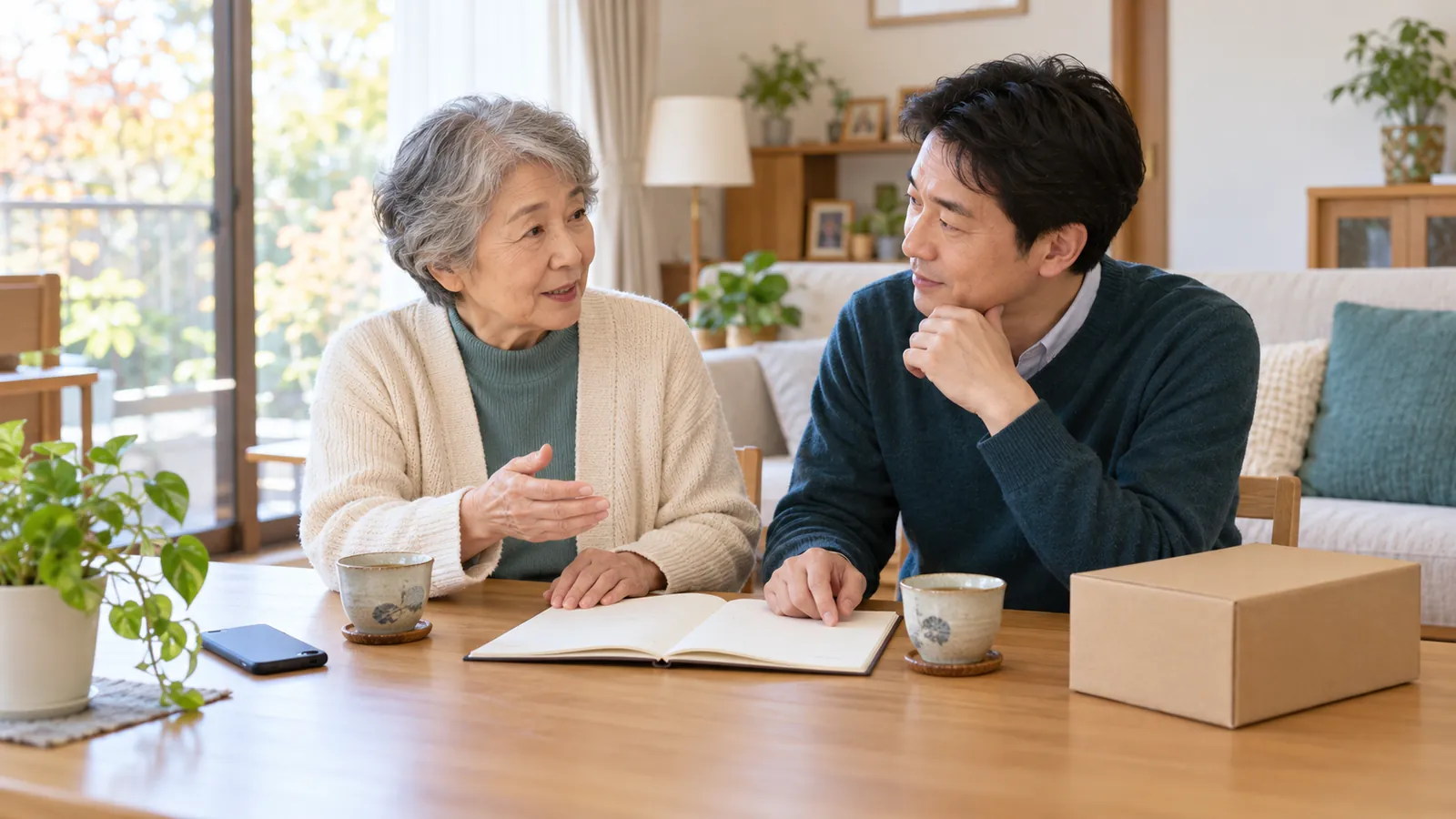 電話勧誘と届いた荷物について息子と落ち着いて確認する高齢女性